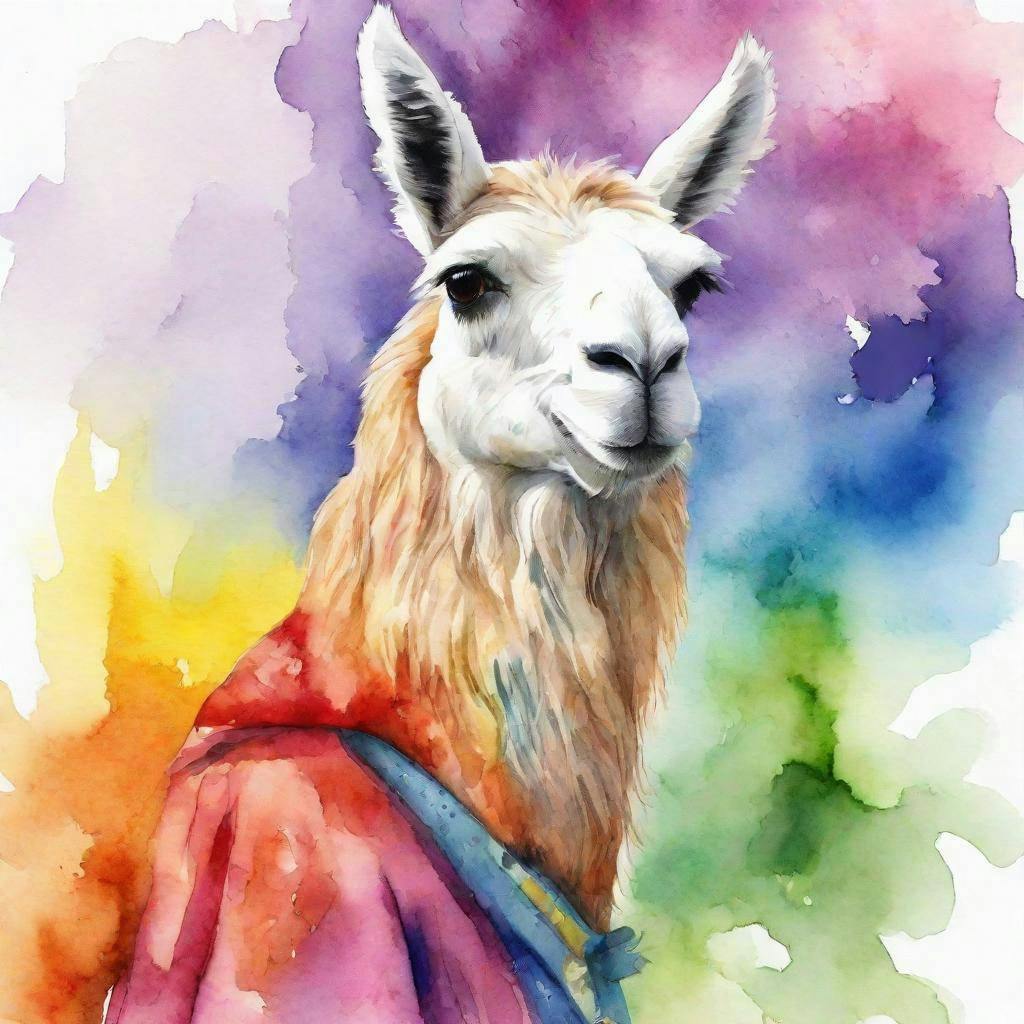 generated image of 'a llama in a superhero costume' in watercolor style